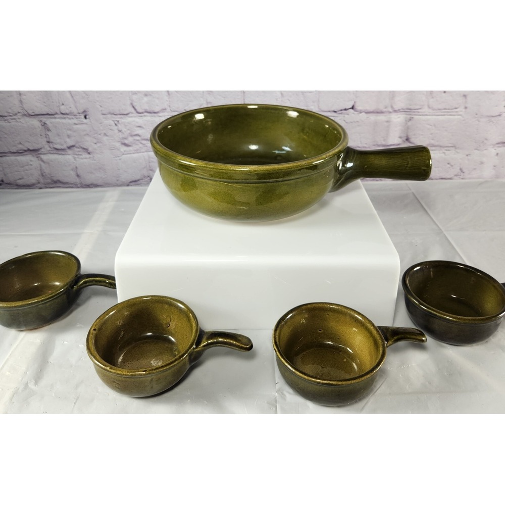 1930s France DUROFEU Vintage Ceramic Casserole Dish Fondue Bowls Olive‎ Avocado
